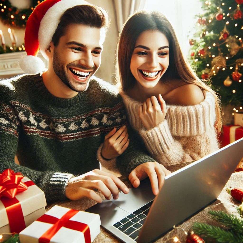 A happy man and woman celebrating Christmas with a laptop